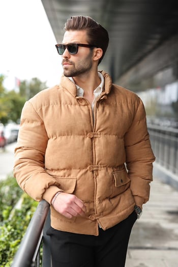Camel Düğmeli Dik Yaka Erkek Şişme Mont E7435