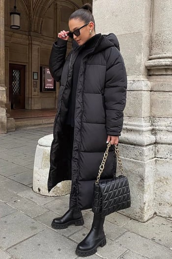 Mad Girls Koyu Siyah Uzun Şişme Mont MG1303