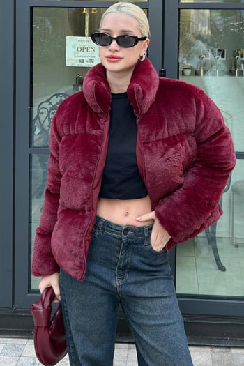 Bordo Dik Yaka Kadın Kürklü Mont MG2259