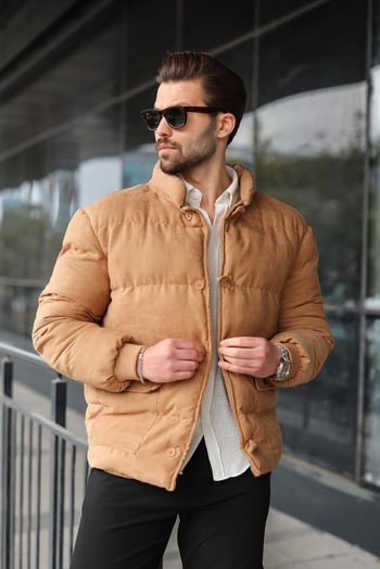 Camel Düğmeli Dik Yaka Erkek Şişme Mont E7435