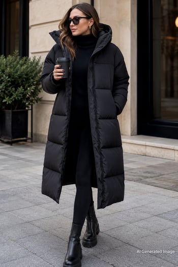 Mad Girls Koyu Siyah Uzun Şişme Mont MG1303