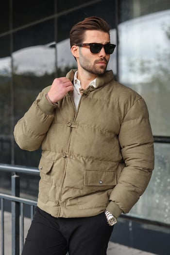 Haki Düğmeli Dik Yaka Erkek Şişme Mont E7435