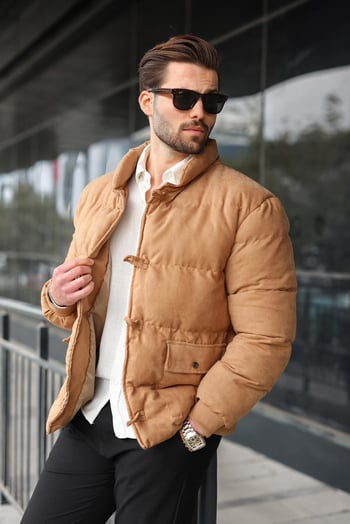 Camel Düğmeli Dik Yaka Erkek Şişme Mont E7435