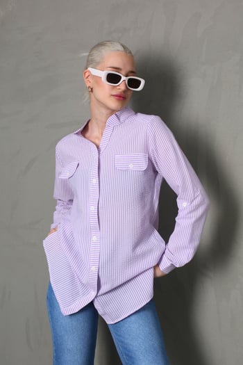 Mor Çizgili Gofre Kumaş Kadın Oversize Gömlek MG1666