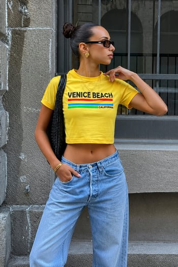 Sarı Baskılı Crop Tişört MG1535
