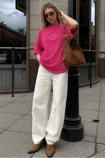 Pembe Baskılı Oversize Bisiklet Yaka Kadın Tişört