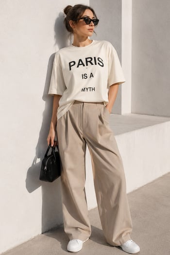 Ekru Paris Baskılı Kadın Tişört MG1654
