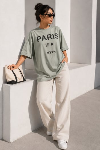 Mint Yeşili Paris Baskılı Kadın Tişört MG1654