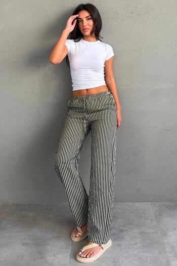Haki Beli Ayarlanabilir Çizgili Cepli Bol Paça Kadın Pantolon Mg2312