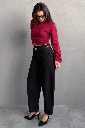 Siyah Modern Kesim Kemerli Yüksek Bel Bol Paça Kumaş Pantolon MG2618