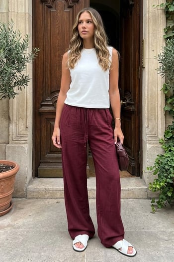 Bordo Beli Büzgülü Wide Leg Kumaş Pantolon MG1950