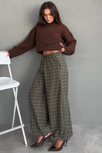 Haki Ekose Desenli Beli Lastikli Balon Pantolon MG2905