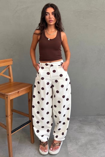 Ekru Puantiyeli Beli Lastikli Balon Kadın Pantolon MG2886