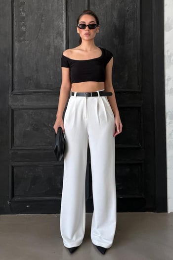 Beyaz Çift Pileli Kemerli Pantolon Mg2330