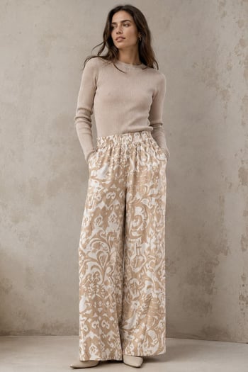 Bej Desenli Beli Lastikli Bol Paça Pantolon MG2076
