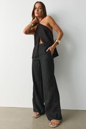 Siyah Yüksek Bel Keten Wide Leg Pantolon MG2718