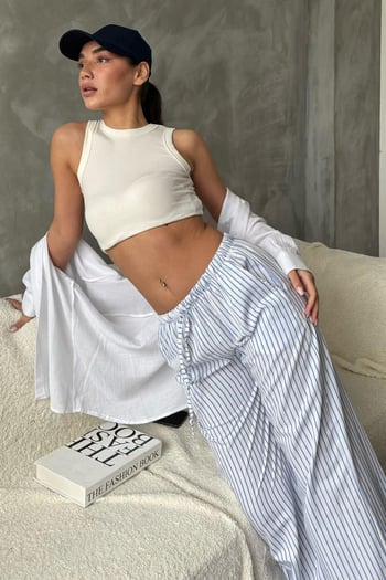 Mavi Beli Ayarlanabilir Cepli Bol Paça Kadın Pantolon Mg2312