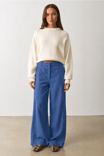 İndigo Yüksek Bel Keten Wide Leg Pantolon MG2718