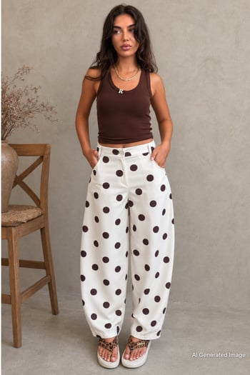 Ekru Puantiyeli Beli Lastikli Balon Kadın Pantolon MG2886