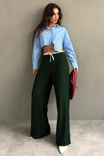 Haki Çift Bel Bantlı Wide Leg Kadın Pantolon MG2551