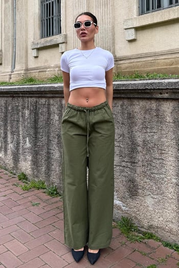 Haki Beli Büzgülü Wide Leg Kumaş Pantolon MG1950