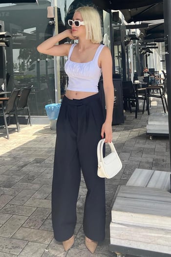 Lacivert Yüksek Bel Rahat Kesim Bol Paça Pantolon MG2120