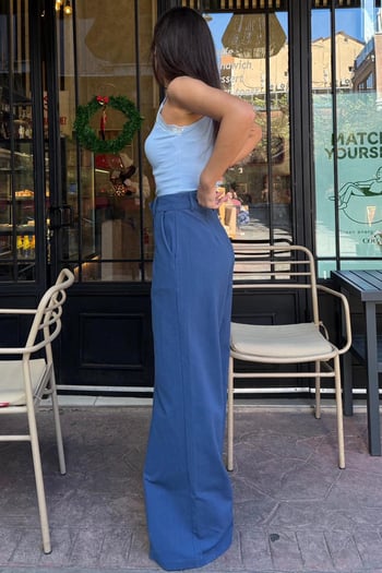 İndigo Yüksek Bel Keten Wide Leg Pantolon MG2718