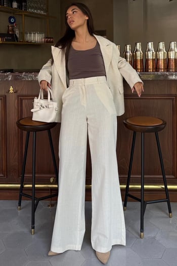 Ekru Yüksek Bel Keten Wide Leg Pantolon MG2718