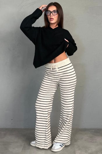 Ekru Çizgili Triko Kadın Pantolon MG2609