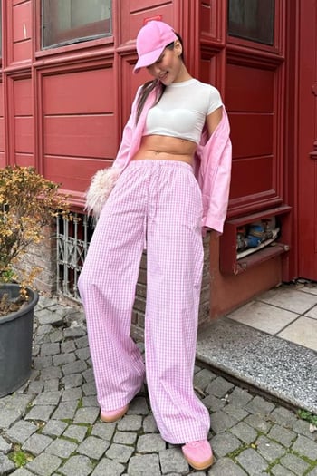 Pembe Beli Ayarlanabilir Ekoseli Bol Paça Kadın Pantolon Mg2335