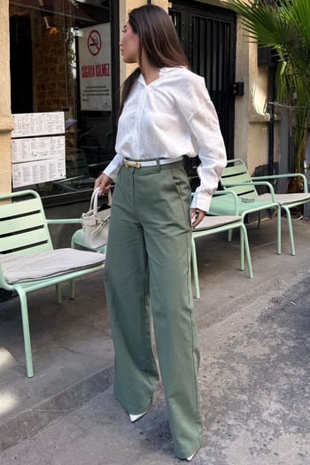 Haki Yüksek Bel Keten Wide Leg Pantolon MG2718