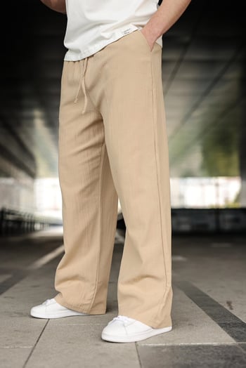 Bej %100 Pamuklu Bol Paça Erkek Pantolon E6586