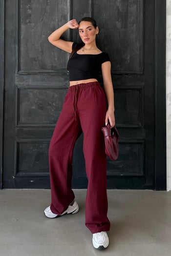 Bordo Beli Büzgülü Wide Leg Kumaş Pantolon MG1950