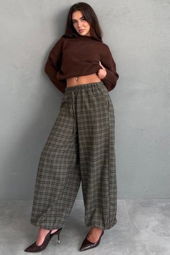 Haki Ekose Desenli Beli Lastikli Balon Pantolon MG2905