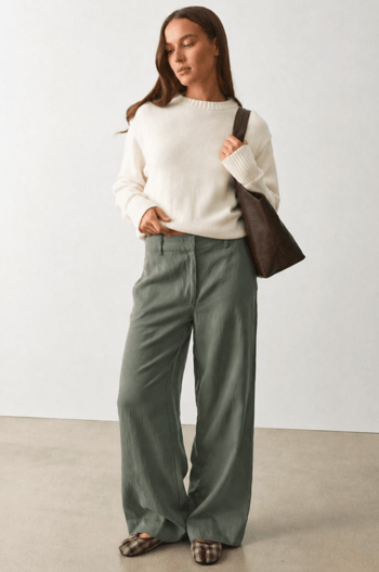 Haki Yüksek Bel Keten Wide Leg Pantolon MG2718
