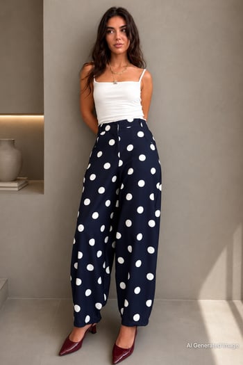 Lacivert Puantiyeli Beli Lastikli Balon Kadın Pantolon MG2886