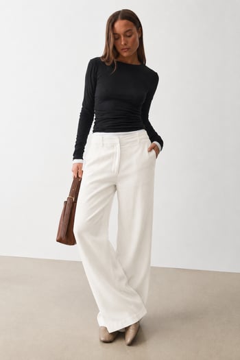 Beyaz Yüksek Bel Keten Wide Leg Pantolon MG2718