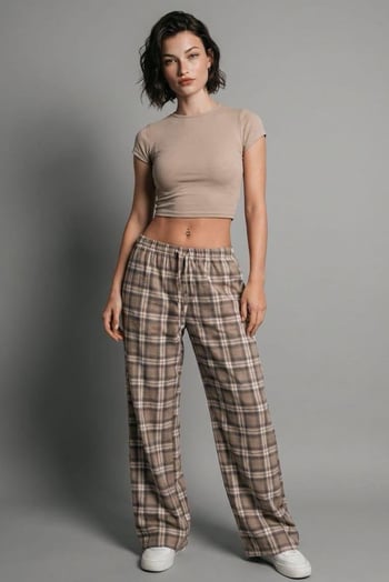 Bej Lastikli Bel Geniş Paça Ekose Pantolon MG2658