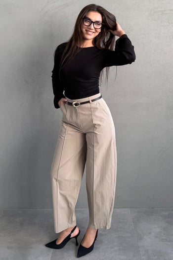 Haki Modern Kesim Kemerli Yüksek Bel Bol Paça Kumaş Pantolon MG2618