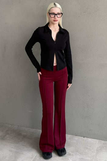 Bordo Yüksek Bel Flare Paça Şık Günlük Kadın Pantolon MG2645