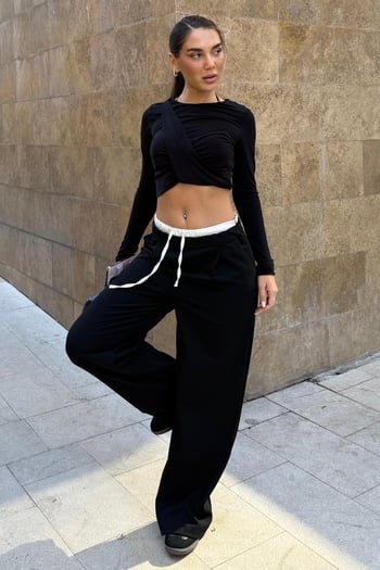 Siyah Çift Bel Bantlı Wide Leg Kadın Pantolon MG2551