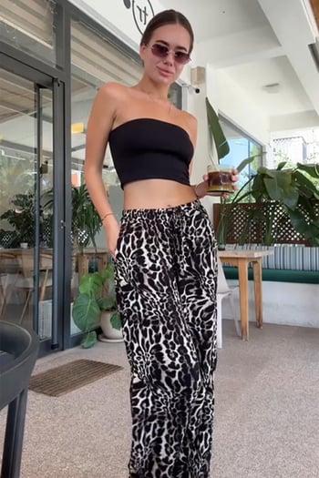 Krem Ayarlanabilir Bel Leopar Desenli Bol Paça Pantolon MG2095