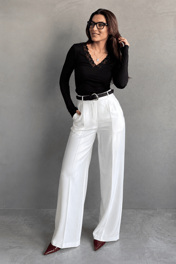 Beyaz Yüksek Bel Pileli Kemerli Geniş Paça Kadın Pantolon MG2615