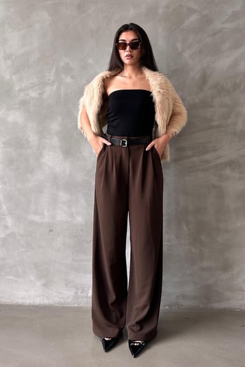Kahverengi Çift Pileli Kemerli Pantolon Mg2330