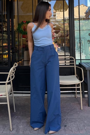 İndigo Yüksek Bel Keten Wide Leg Pantolon MG2718