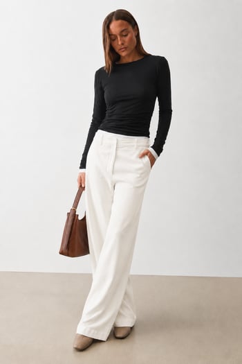 Beyaz Yüksek Bel Keten Wide Leg Pantolon MG2718