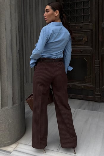 Kahverengi Çizgili Geniş Paça Normal Bel Kemerli Pantolon MG2735