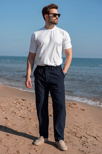 Lacivert Beli Lastikli Relaxed Fit Jakarlı Erkek Pantolon E6593