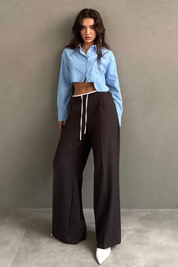 Acı Kahve Çift Bel Bantlı Wide Leg Kadın Pantolon MG2551