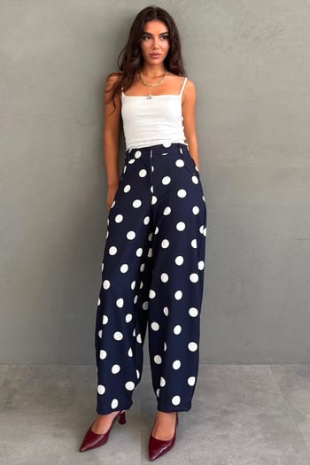 Lacivert Puantiyeli Beli Lastikli Balon Kadın Pantolon MG2886